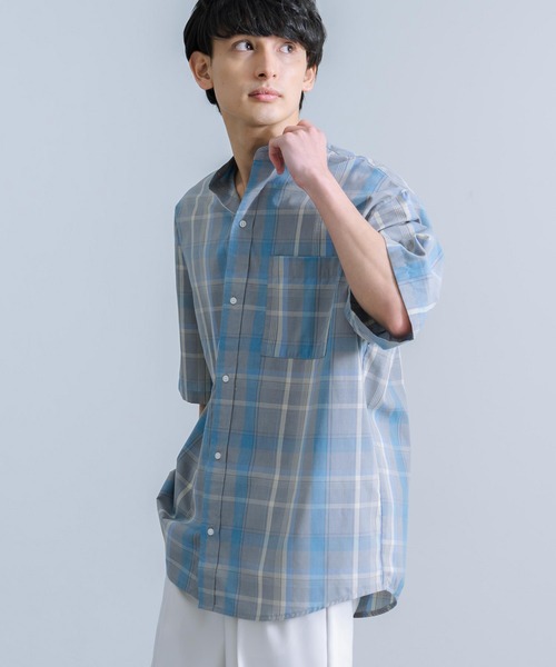 Rocky Monroe(ロッキーモンロー)の「オーバーサイズ ブロードチェック ノーカラー半袖シャツ(シャツ/ブラウス・メンズ・ベージュ系/オレンジ系/グレー系/パープル系・M/L)」の6枚目の写真
