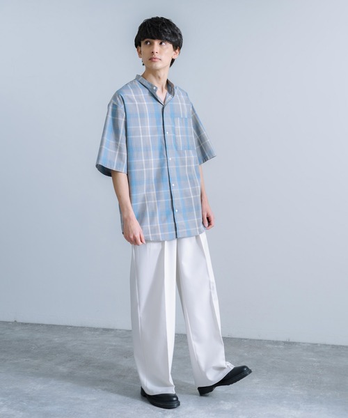 Rocky Monroe(ロッキーモンロー)の「オーバーサイズ ブロードチェック ノーカラー半袖シャツ(シャツ/ブラウス・メンズ・ベージュ系/オレンジ系/グレー系/パープル系・M/L)」の7枚目の写真
