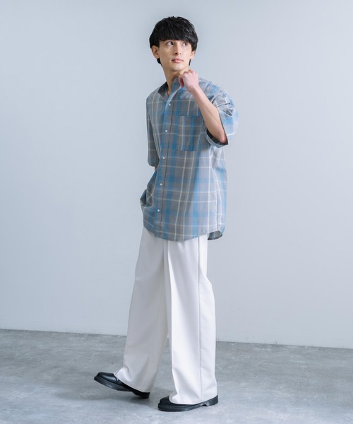 Rocky Monroe(ロッキーモンロー)の「オーバーサイズ ブロードチェック ノーカラー半袖シャツ(シャツ/ブラウス・メンズ・ベージュ系/オレンジ系/グレー系/パープル系・M/L)」の8枚目の写真