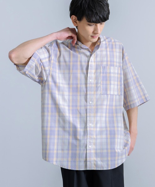 Rocky Monroe(ロッキーモンロー)の「オーバーサイズ ブロードチェック ノーカラー半袖シャツ(シャツ/ブラウス・メンズ・ベージュ系/オレンジ系/グレー系/パープル系・M/L)」の13枚目の写真