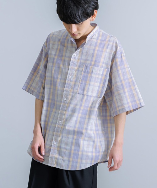 Rocky Monroe(ロッキーモンロー)の「オーバーサイズ ブロードチェック ノーカラー半袖シャツ(シャツ/ブラウス・メンズ・ベージュ系/オレンジ系/グレー系/パープル系・M/L)」の14枚目の写真