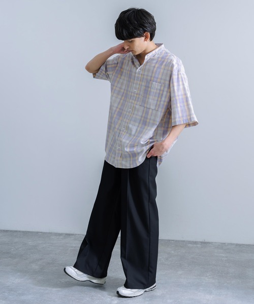 Rocky Monroe(ロッキーモンロー)の「オーバーサイズ ブロードチェック ノーカラー半袖シャツ(シャツ/ブラウス・メンズ・ベージュ系/オレンジ系/グレー系/パープル系・M/L)」の15枚目の写真