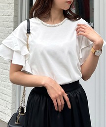 襟パール付き/袖フリル半袖Tシャツ