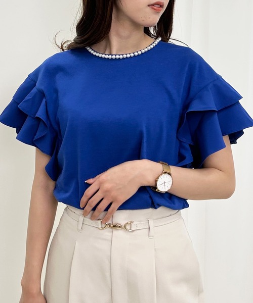INGNI(イング)の「襟パール付き/袖フリル半袖Tシャツ(Tシャツ/カットソー・レディース・ブラック/オフホワイト/ブルー/マスタード・M)」の3枚目の写真