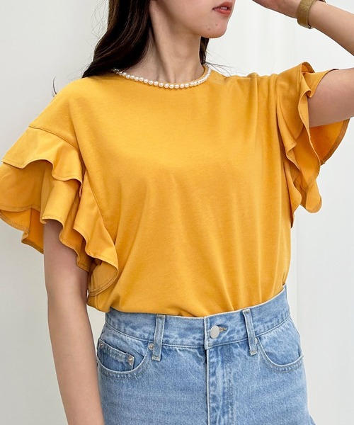 INGNI(イング)の「襟パール付き/袖フリル半袖Tシャツ(Tシャツ/カットソー・レディース・ブラック/オフホワイト/ブルー/マスタード・M)」の4枚目の写真
