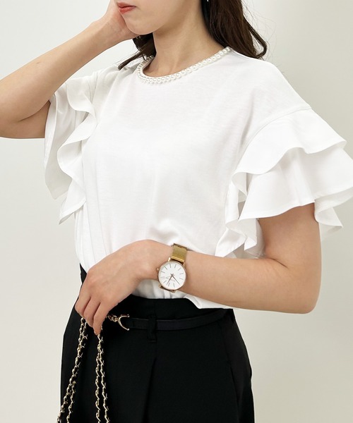 INGNI(イング)の「襟パール付き/袖フリル半袖Tシャツ(Tシャツ/カットソー・レディース・ブラック/オフホワイト/ブルー/マスタード・M)」の19枚目の写真