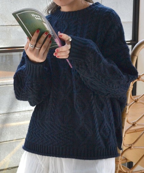 Ungrid（アングリッド）の「【WEB限定】パッチワークケーブルニット（ニット/セーター・レディース・オレンジ/ネイビー/アイボリー/チャコールグレー/ブルー・FREE）」の4枚目の写真