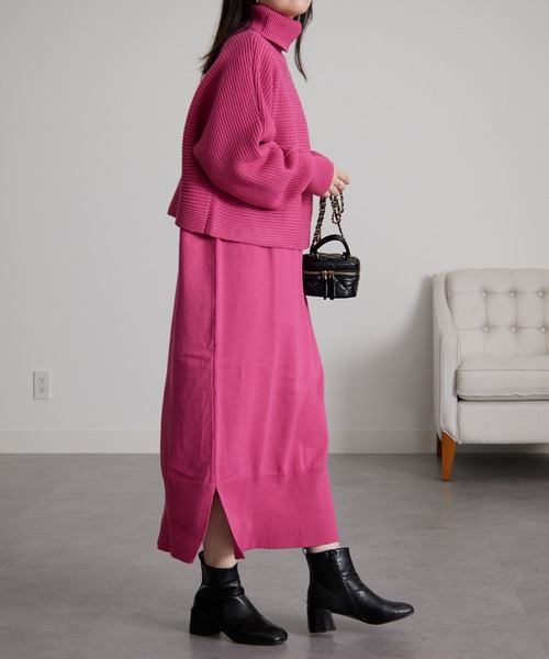セール】[2点セット]レイヤードタートルネックニットワンピース