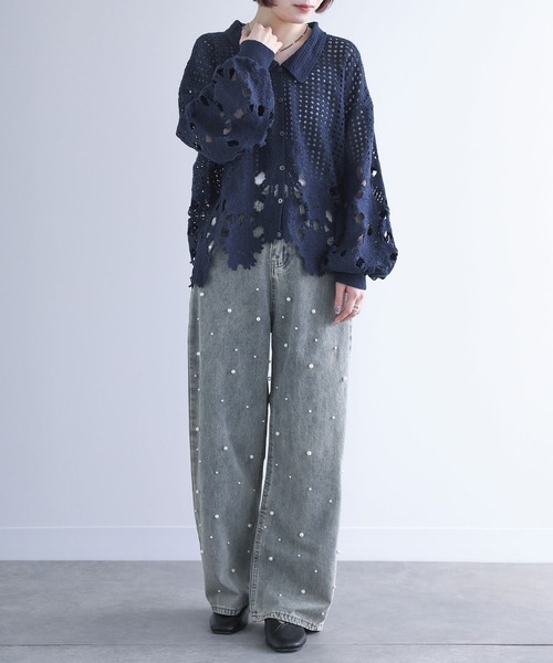 somari imagination（ソマリ イマジネーション）の「『透かし編みデザインニットカーディガン』（カーディガン/ボレロ・レディース・ホワイト/ネイビー・FREE）」の21枚目の写真