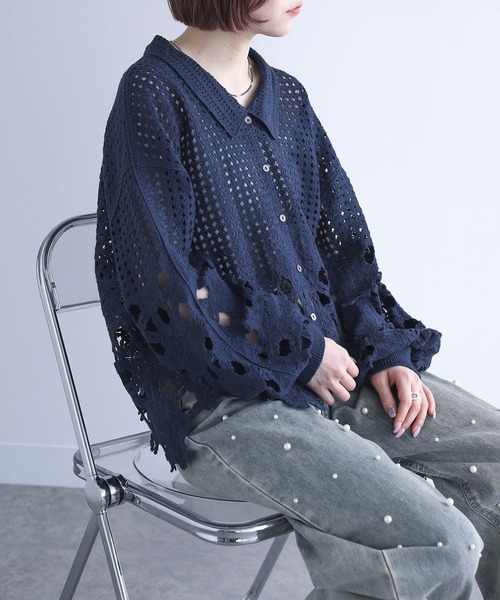 somari imagination（ソマリ イマジネーション）の「『透かし編みデザインニットカーディガン』（カーディガン/ボレロ・レディース・ホワイト/ネイビー・FREE）」の20枚目の写真