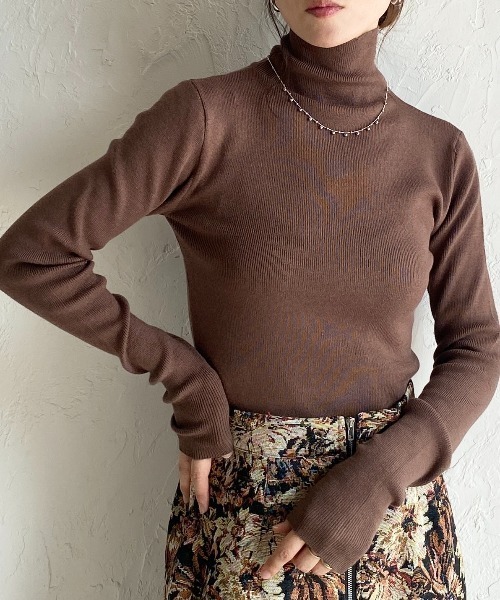 【中古】アディアム ADEAM リブニット セーター 長袖 ハイネック プルオーバー レースアップ 茶 ブラウン セール】ハイネックタイト長袖リブニットプルオーバートップス（ニット