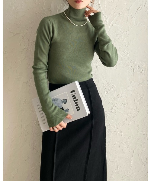 セール】ハイネックタイト長袖リブニットプルオーバートップス