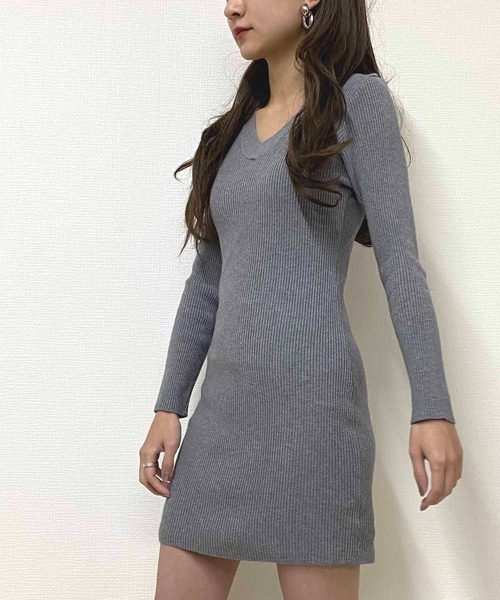 セール】Vネック タイトニットミニワンピース（ワンピース）｜NANEA
