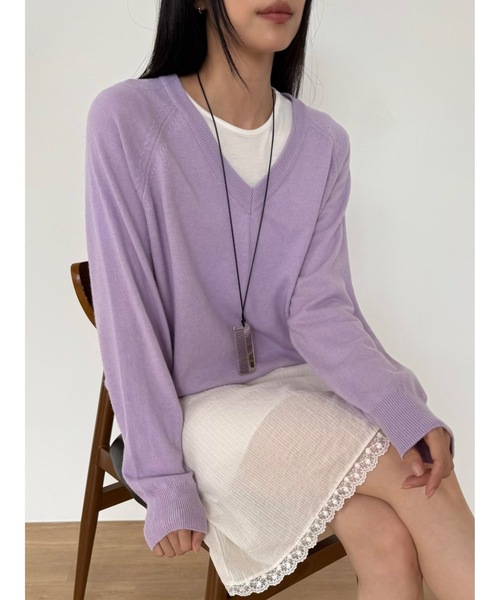 Didot.showroom（ディドット ショールーム）の「ウールブレンド ルーズ Vネック ニット（ニット/セーター・レディース・レッド/オートミール/パープル/グレー/ベビーピンク/ブラック/ラベンダー・FREE）」の5枚目の写真