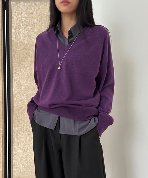 Didot.showroom（ディドット ショールーム）の「ウールブレンド ルーズ Vネック ニット（ニット/セーター・レディース・レッド/オートミール/パープル/グレー/ベビーピンク/ブラック/ラベンダー・FREE）」の2枚目の写真