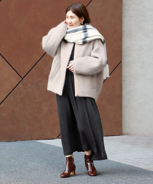 セール】シャギークルーネックショートコート（ノーカラーコート