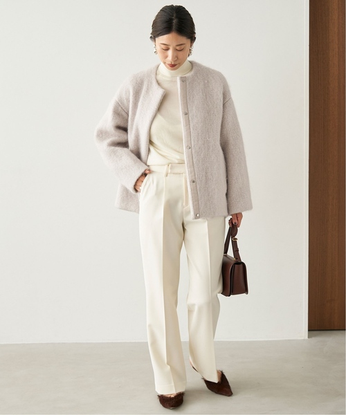 セール】シャギークルーネックショートコート（ノーカラーコート