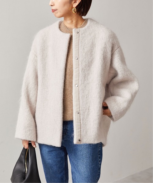 セール】シャギークルーネックショートコート（ノーカラーコート