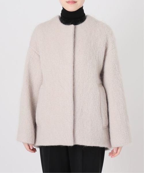 セール】シャギークルーネックショートコート（ノーカラーコート