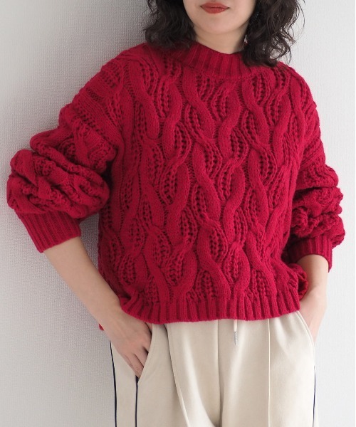 cepo（セポ）の「モックネックケーブルニット（ニット/セーター・レディース・グレー/オフホワイト/レッド・M）」の3枚目の写真