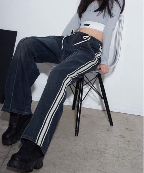 デニム　ブラック 配色ラインワイドデニム デニムパンツ