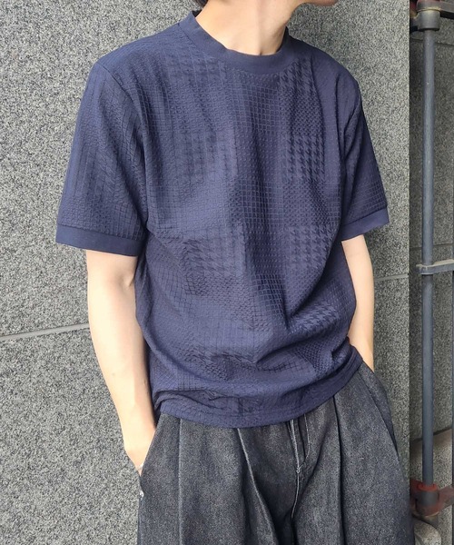 UNION STATION（ユニオンステーション）の「リンクスジャガードグレンチェック柄T（Tシャツ/カットソー・メンズ・ライトブルー/ホワイト/ネイビー・LL/L/M/S）」の5枚目の写真