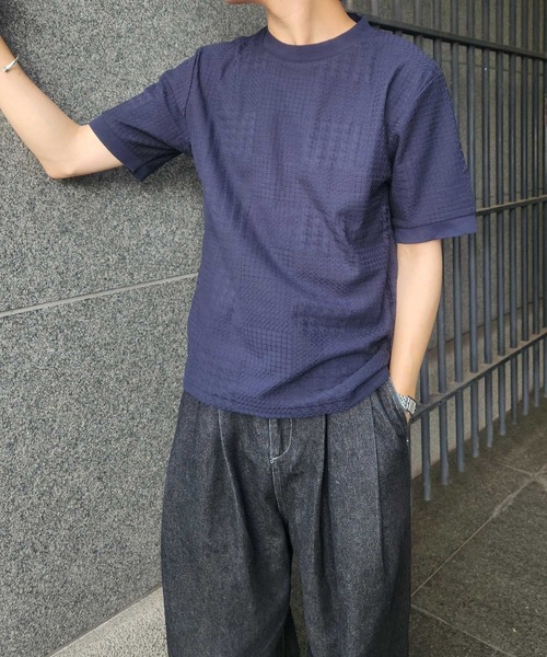 UNION STATION（ユニオンステーション）の「リンクスジャガードグレンチェック柄T（Tシャツ/カットソー・メンズ・ライトブルー/ホワイト/ネイビー・LL/L/M/S）」の6枚目の写真