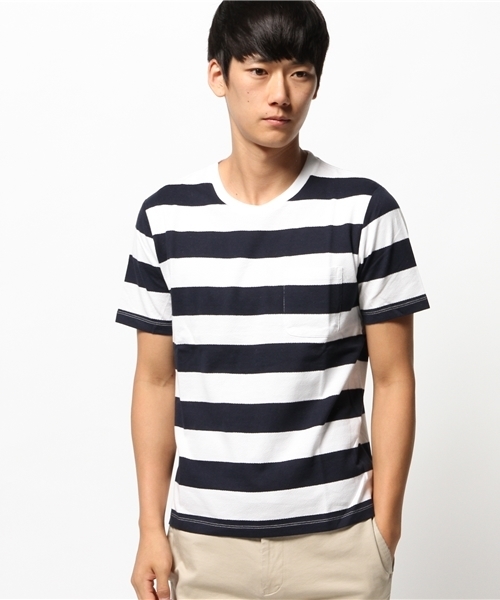 CIAOPANIC（チャオパニック）の「【Ciaopanic】　梨地ボーダーTee（Tシャツ/カットソー・メンズ・ネイビー/グレー/グリーン/ブラック・MEDIUM/LARGE）」の4枚目の写真