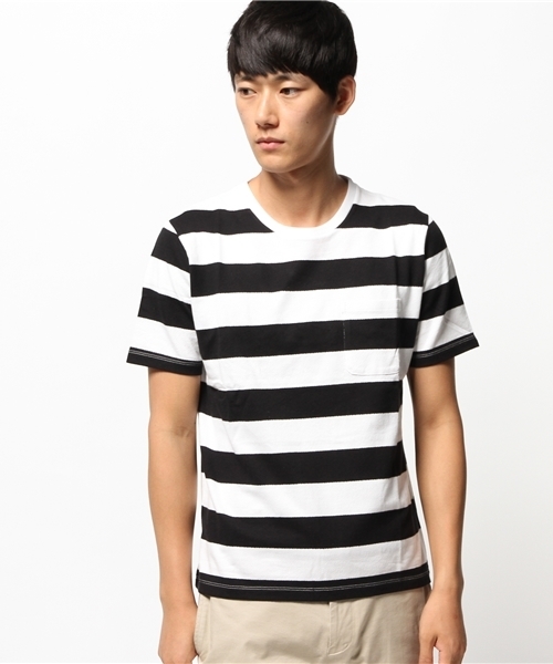 CIAOPANIC（チャオパニック）の「【Ciaopanic】　梨地ボーダーTee（Tシャツ/カットソー・メンズ・ネイビー/グレー/グリーン/ブラック・MEDIUM/LARGE）」の2枚目の写真