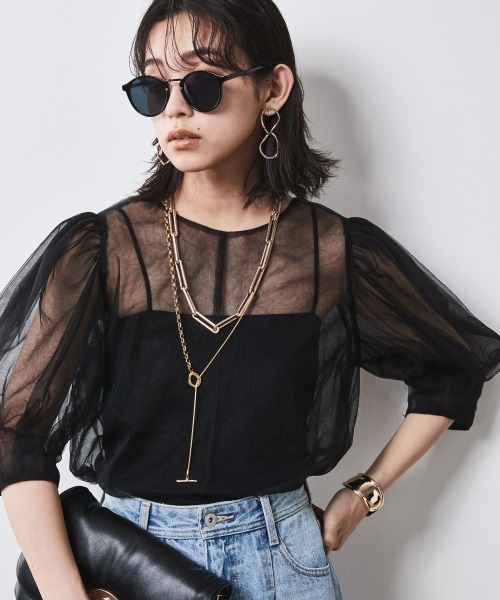 CHIC STYLE(シックスタイル)の「<大きいサイズ>2WAYチュールブラウス シックスタイル(シャツ/ブラウス・レディース・ベージュ/ブラック・4L/3L/LL/L/5L)」の2枚目の写真