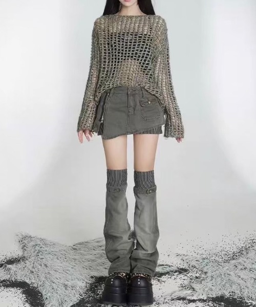 Never mind the XU / Chikashitsu+（ネバーマインド ザ エックスユー / チカシツプラス）の「グランジファッション ARIADNAw アリアドネ ダブリュー Striped layered denim skirt ショートスカート ストライプスカート レイヤードスカート ミニスカート 台形スカート ストリートファッション（デニムスカート・レディース・カーキ・S/M）」の6枚目の写真