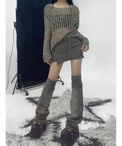 Never mind the XU / Chikashitsu+（ネバーマインド ザ エックスユー / チカシツプラス）の「グランジファッション ARIADNAw アリアドネ ダブリュー Striped layered denim skirt ショートスカート ストライプスカート レイヤードスカート ミニスカート 台形スカート ストリートファッション（デニムスカート・レディース・カーキ・S/M）」の8枚目の写真