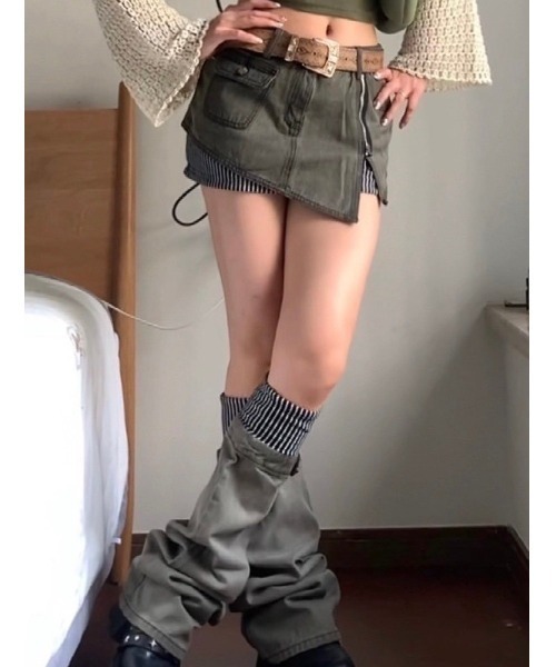 Never mind the XU / Chikashitsu+（ネバーマインド ザ エックスユー / チカシツプラス）の「グランジファッション ARIADNAw アリアドネ ダブリュー Striped layered denim skirt ショートスカート ストライプスカート レイヤードスカート ミニスカート 台形スカート ストリートファッション（デニムスカート・レディース・カーキ・S/M）」の12枚目の写真