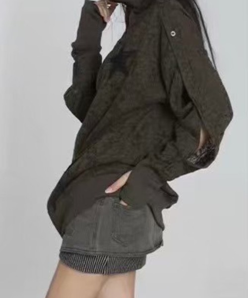 Never mind the XU / Chikashitsu+（ネバーマインド ザ エックスユー / チカシツプラス）の「グランジファッション ARIADNAw アリアドネ ダブリュー Striped layered denim skirt ショートスカート ストライプスカート レイヤードスカート ミニスカート 台形スカート ストリートファッション（デニムスカート・レディース・カーキ・S/M）」の10枚目の写真