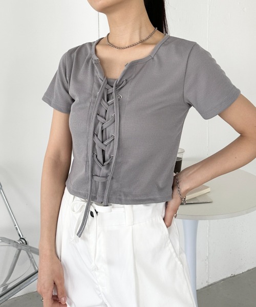 TELOPLAN ダークグレー クロップド丈 半袖シャツ セール】クロップド丈チュールドッキング半袖Tシャツ［ショート