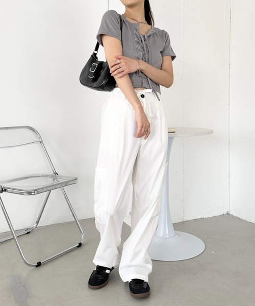TELOPLAN ダークグレー クロップド丈 半袖シャツ セール】クロップド丈チュールドッキング半袖Tシャツ［ショート