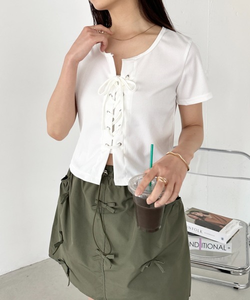 pachman ツイード クロップド半袖トップス セール】レースアップクロップド丈半袖トップス（Tシャツ/カットソー