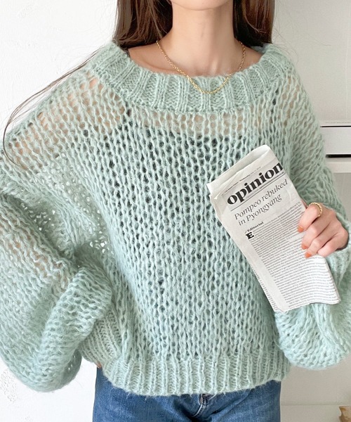 classicalelf（クラシカルエルフ）の「1枚でお洒落見え。レイヤードで魅せる、大人の透明感。メッシュオーバーサイズニット（ニット/セーター・レディース・チャコール/イエロー/パープル/グリーン/ブラウン/ブルー/アイボリー・MEDIUM/LARGE/X-LARGE/SMALL）」の13枚目の写真