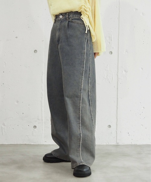 セール】【選べる2サイズ】サイド切り替えデニムワイドパンツ（デニム
