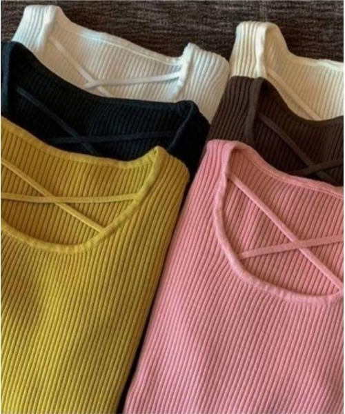 おしゃれスタ(オシャレスタ)の「クロスデザインラウンドネックニットカットソー(Tシャツ/カットソー・レディース・アイボリー/ブラウン/ホワイト/ブラック・FREE)」の6枚目の写真