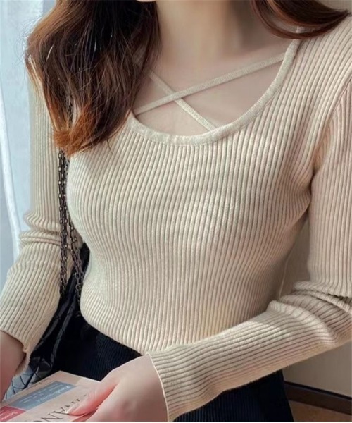 おしゃれスタ(オシャレスタ)の「クロスデザインラウンドネックニットカットソー(Tシャツ/カットソー・レディース・アイボリー/ブラウン/ホワイト/ブラック・FREE)」の19枚目の写真