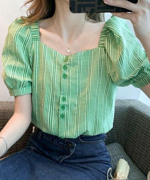 a lot of love(ア ロット オブ ラブ)の「バルーンスリーブ レトロチェックブラウス(シャツ/ブラウス・レディース・イエロー/グリーン/ブラック・FREE)」の11枚目の写真