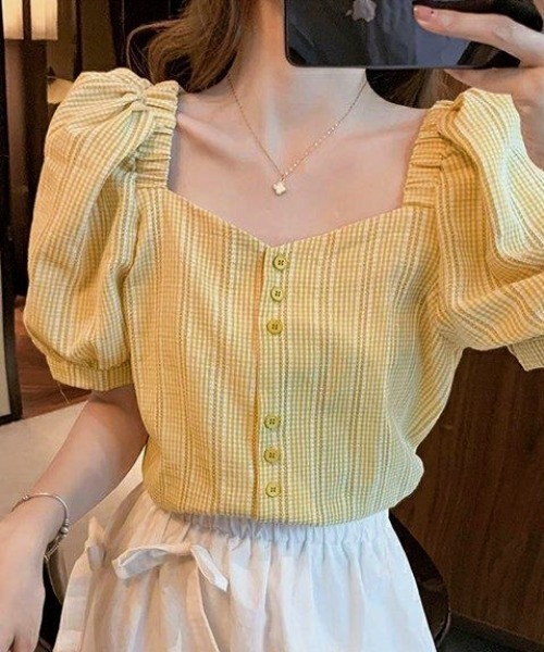 a lot of love(ア ロット オブ ラブ)の「バルーンスリーブ レトロチェックブラウス(シャツ/ブラウス・レディース・イエロー/グリーン/ブラック・FREE)」の15枚目の写真