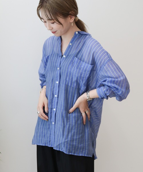 AMERICAN HOLIC(アメリカンホリック)の「シアーCOOLポケット付きルーズシャツ(シャツ/ブラウス・レディース・ライトベージュ/ストライプ/ブラウン・M/L)」の7枚目の写真