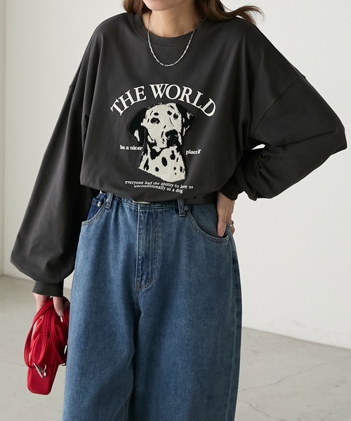 BONLECILL(ボンルシール)の「DOGサガラ刺繍×プリントオーバーロンTEE(Tシャツ/カットソー・レディース・ブルー/チャコールグレー/オフホワイト/ホワイト系/ライトブルー/オートミール/ダークグレー/スミクロ/ネイビー・FREE)」の12枚目の写真