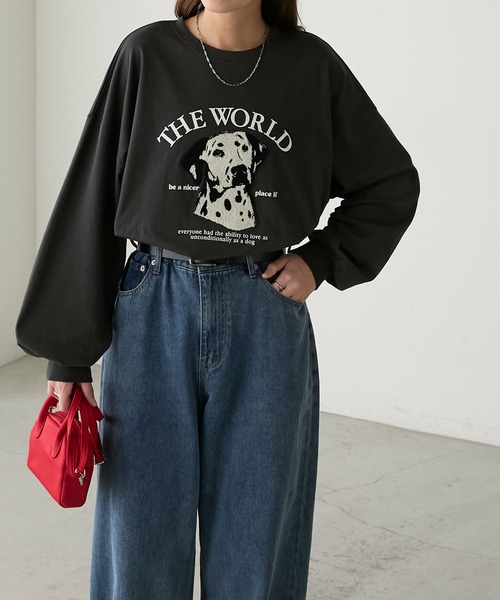 BONLECILL(ボンルシール)の「DOGサガラ刺繍×プリントオーバーロンTEE(Tシャツ/カットソー・レディース・ブルー/チャコールグレー/オフホワイト/ホワイト系/ライトブルー/オートミール/ダークグレー/スミクロ/ネイビー・FREE)」の13枚目の写真