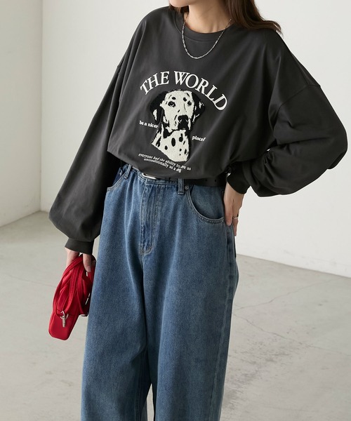 BONLECILL(ボンルシール)の「DOGサガラ刺繍×プリントオーバーロンTEE(Tシャツ/カットソー・レディース・ブルー/チャコールグレー/オフホワイト/ホワイト系/ライトブルー/オートミール/ダークグレー/スミクロ/ネイビー・FREE)」の14枚目の写真