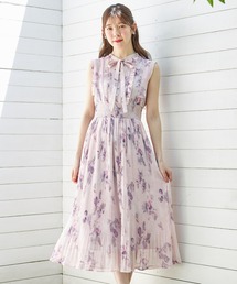 パール付きチェリー×リボンプリントネックリボンプリーツワンピース