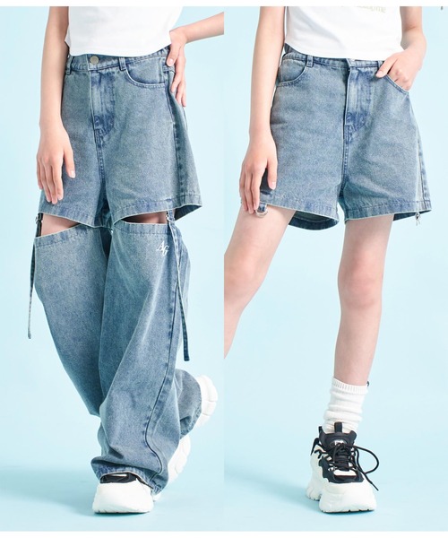ANAP GiRL(アナップガール)の「2WAYデザインワイドデニムパンツ(デニムパンツ・キッズ・ブルー/ブラック・XS/S/M)」の2枚目の写真