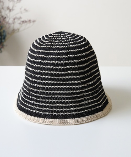 追跡送料込 MONCLER ストライプテリークロスバゲットハット セール】手編み ストライプ バケット ハット（ハット
